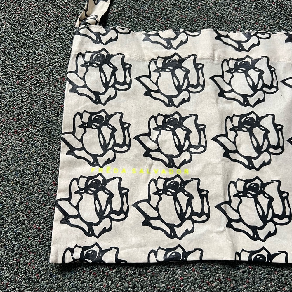FREDA SALVADOR Black Floral & Beige Lightweight Canvas Small Medium Tote Bag